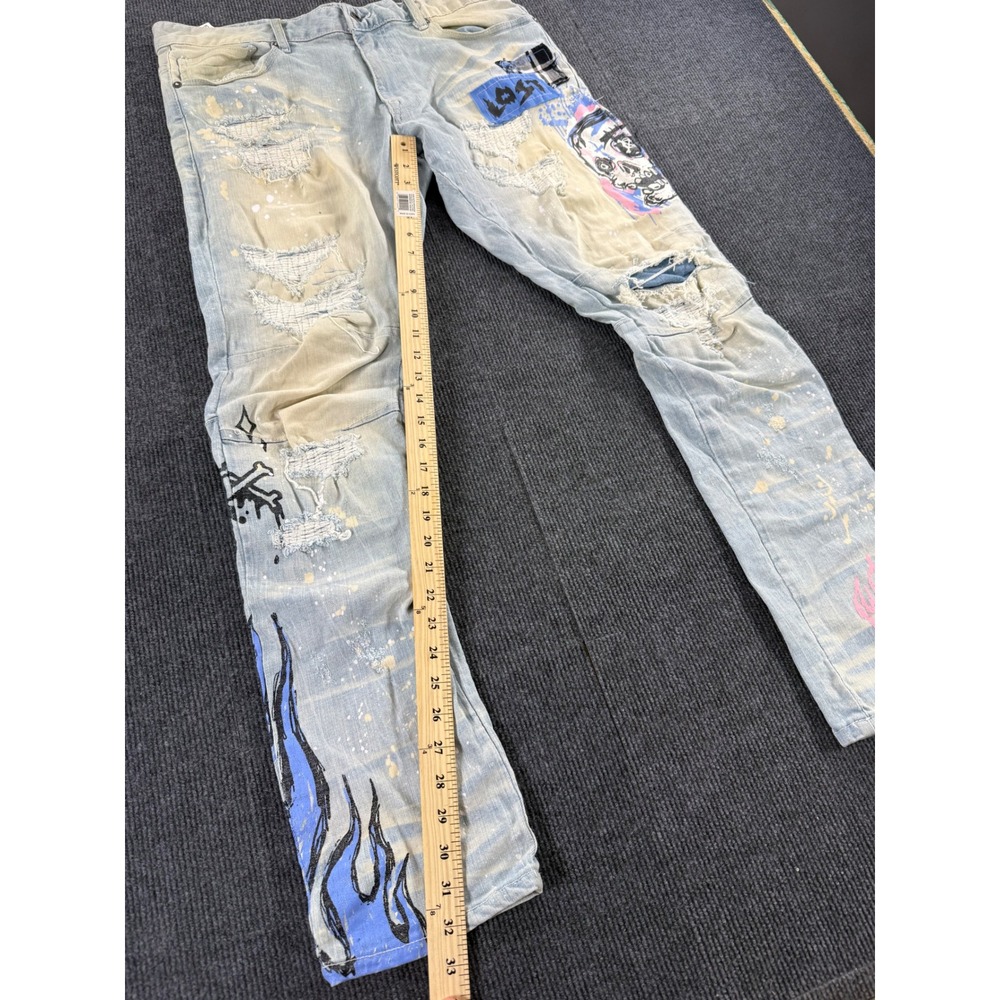 Smoke Rise DNM Co Mens Distressed Graphic Jeans Light Wash Skull Flame 38x34 - Picture 2 of 10